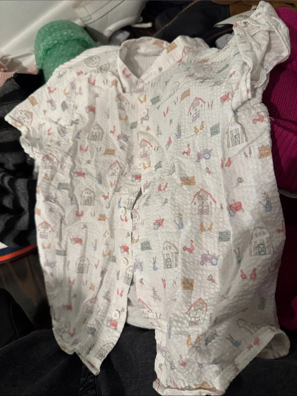 White button down with Pastel Farm Print
